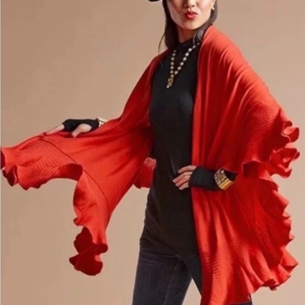 CAbi Bold Red Women's Ruffled Poncho